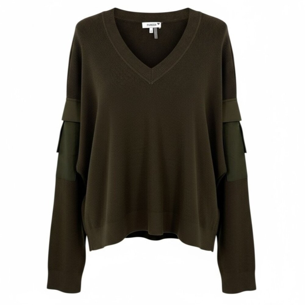 Parker Cargo Pocket V-Neck Sweater Olive Green Size Large